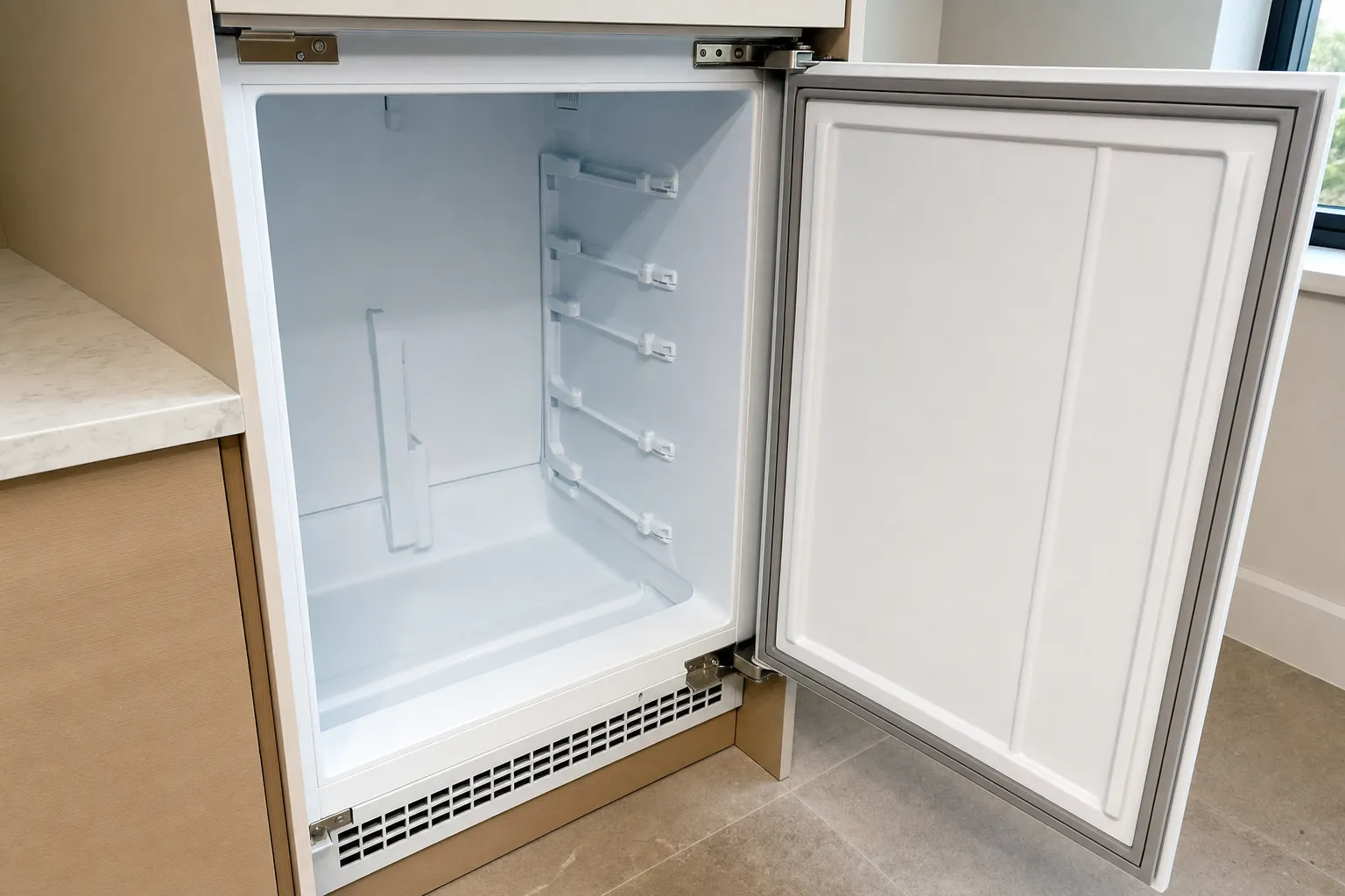 Built-in undercounter refrigerator standing open, empty white interior above the lower vent grille