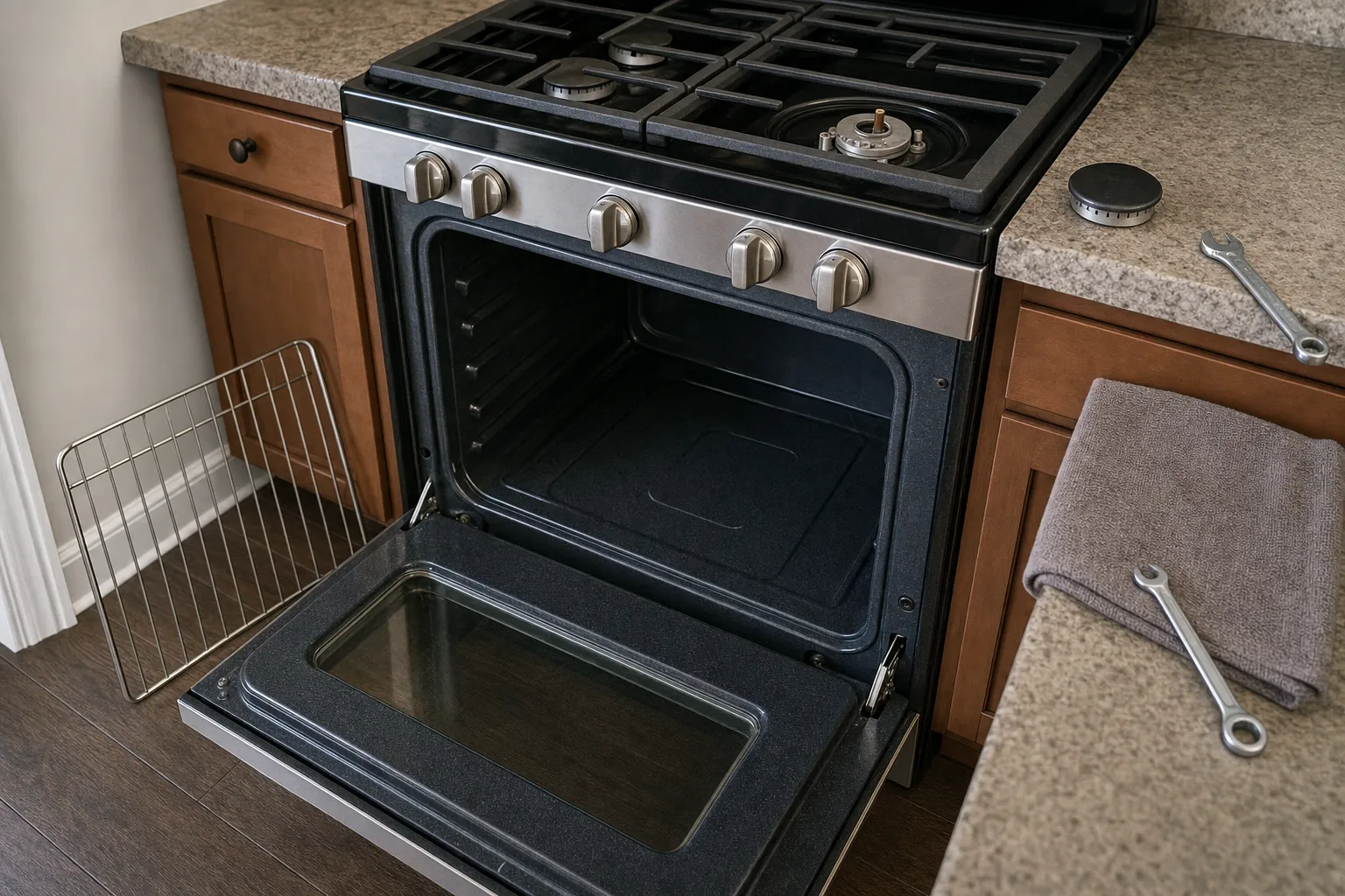 Gas range with the oven door open and a rack removed, a burner cap and two wrenches set out on the counter