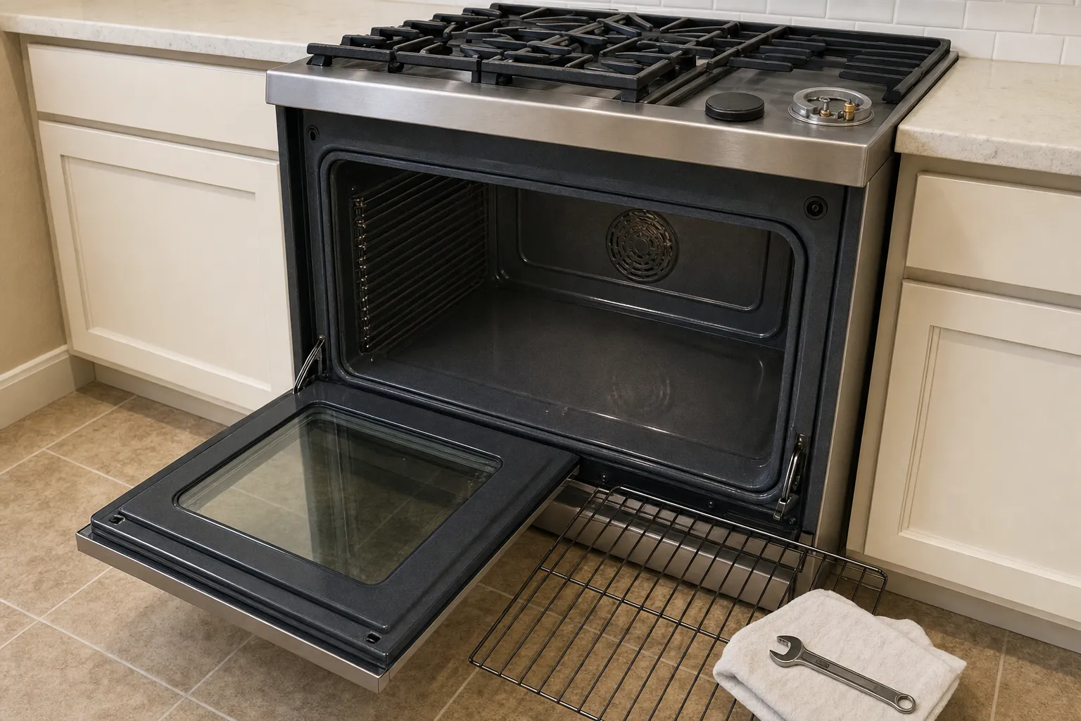 Range oven with the door dropped open on an empty cavity, convection fan cover at the back and the rack out