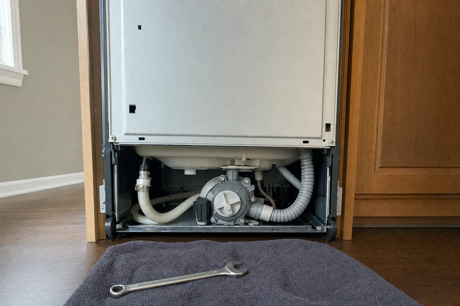 Built-in dishwasher with its lower access panel removed, exposing the drain pump, hoses and levelling feet