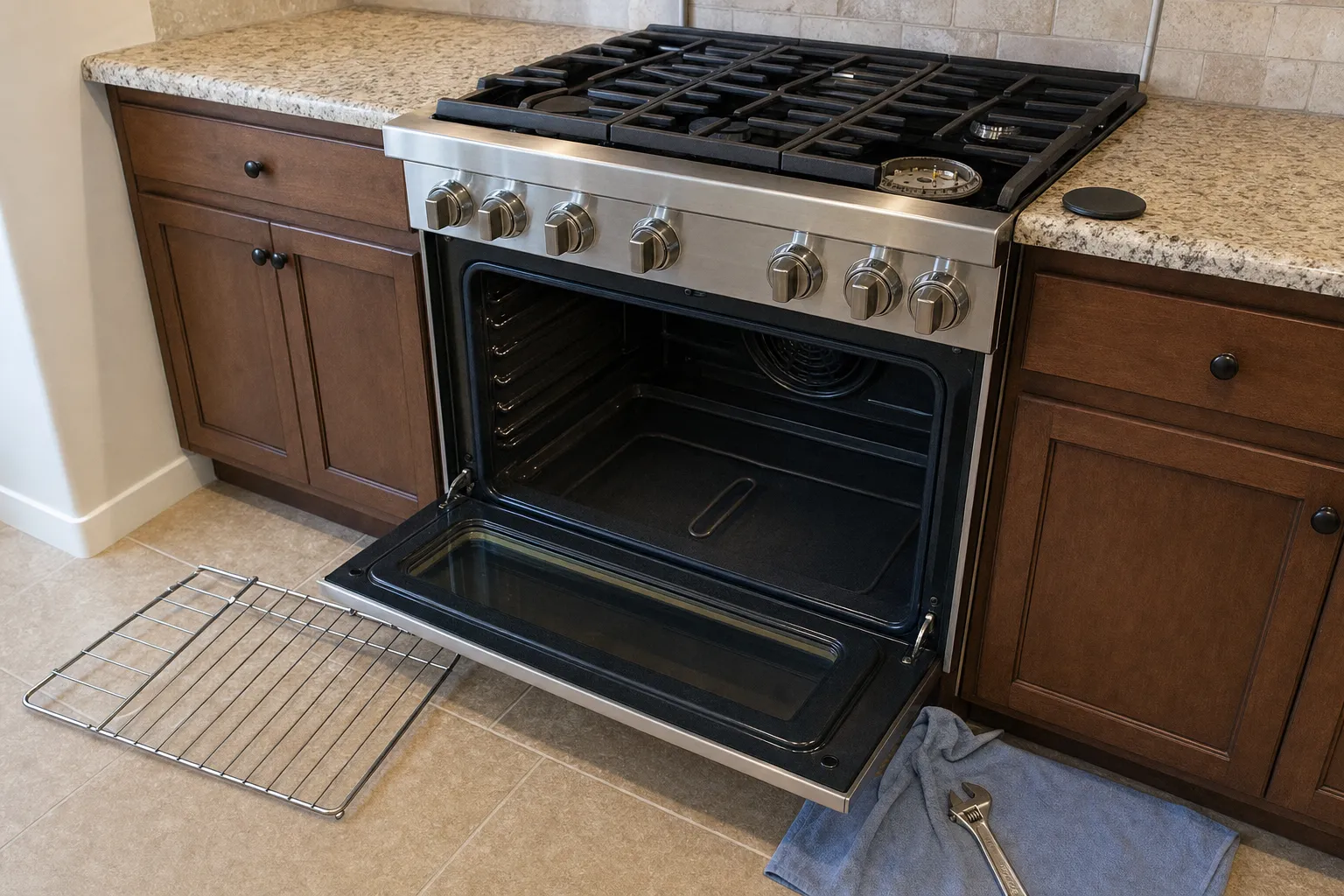 Seven-knob gas range in a run of brown cabinets, oven empty with the fan cover showing, rack on the floor and a burner cap resting on the counter